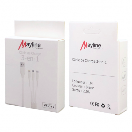 Câble USB / Lightning + Type-C + Micro - 3 en 1 - 1m (Mayline)