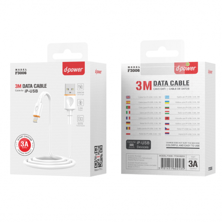 Câble USB Lightning  D-power F3006 3M Blanc