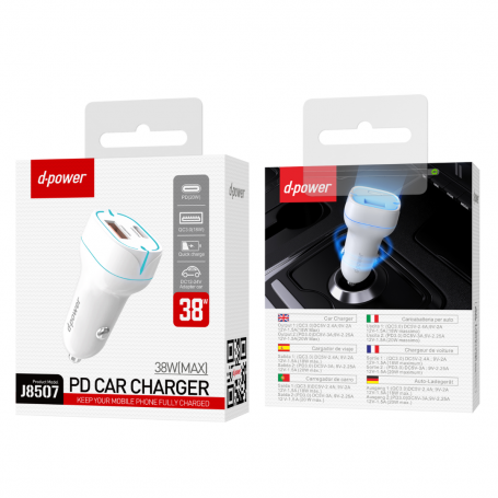 Chargeur Allume-Cigare 2 Ports USB + Type-C - D-power Blanc