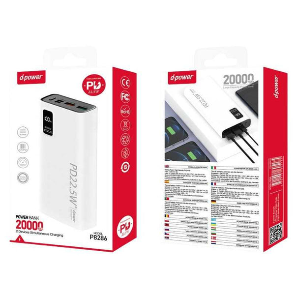 Batterie Externe 20000mAh D-power P8286 - 22.5W - Blanc