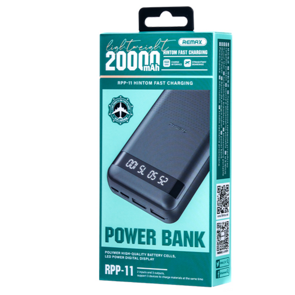 Batterie Externe 20000mAh REMAX Hintom RPP-11 – Charge rapide 2.4A, 3 appareils simultanés - Noir