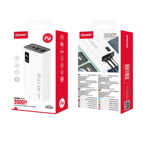 Batterie externe 22.5W 30000mAh - D-power P8287 - Blanc