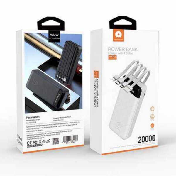 Batterie Externe WUW-Y131 20000mAh Blanc avec 4 Output Câbles